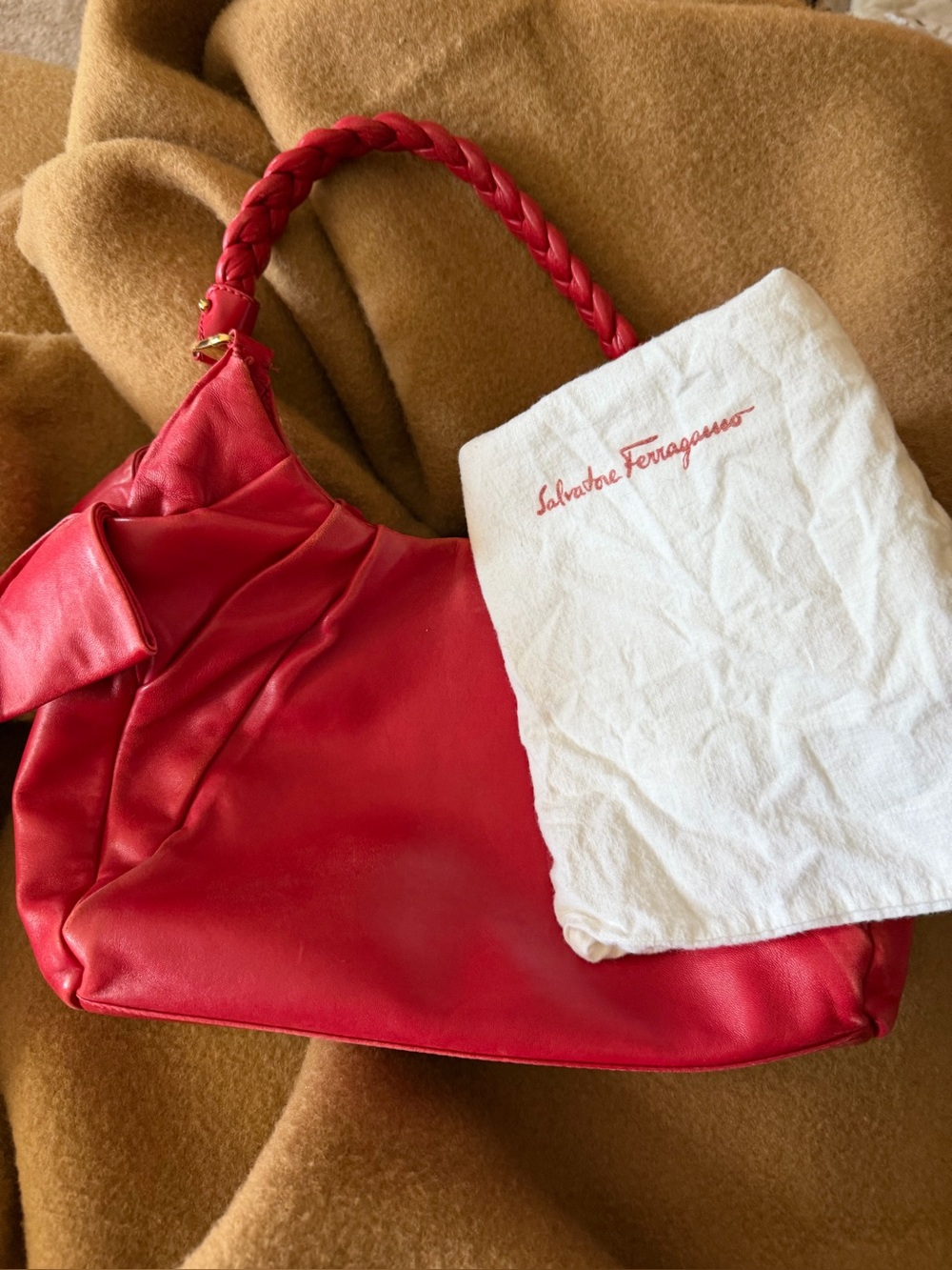 Salvatore Ferragamo Soft Red Leather Shoulder Bag with Bow Accents